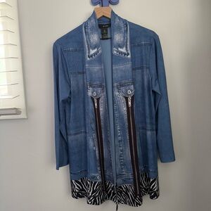 Ali Miles Medium Blue Denim Jacket Print Cardigan Zebra Trim Relaxed Office Work